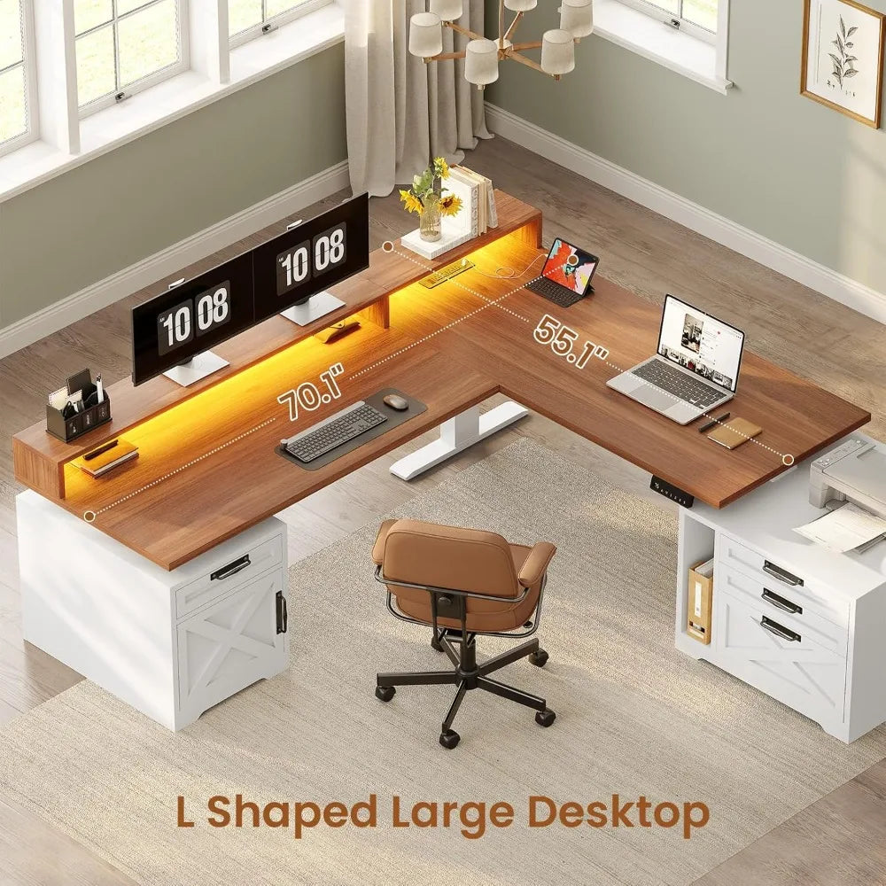 Adjustable Height Standing Desk With Drawers, Power Outlet & LED Lights