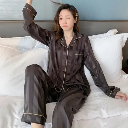Striped Satin Pajamas Women Jacquard Loungewear