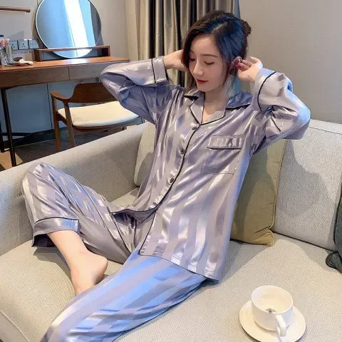 Striped Satin Pajamas Women Jacquard Loungewear