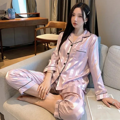 Striped Satin Pajamas Women Jacquard Loungewear