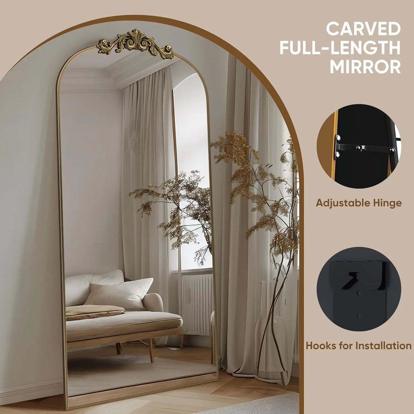 Arched Full Length Mirror, 71x28 Floor Mirror with Carved Frame