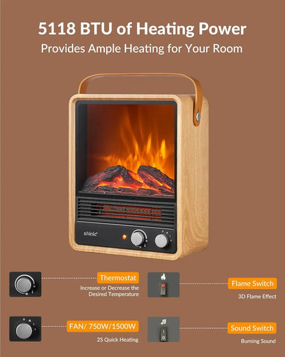 Electric Fireplace Heater with Realistic Flame & Sound