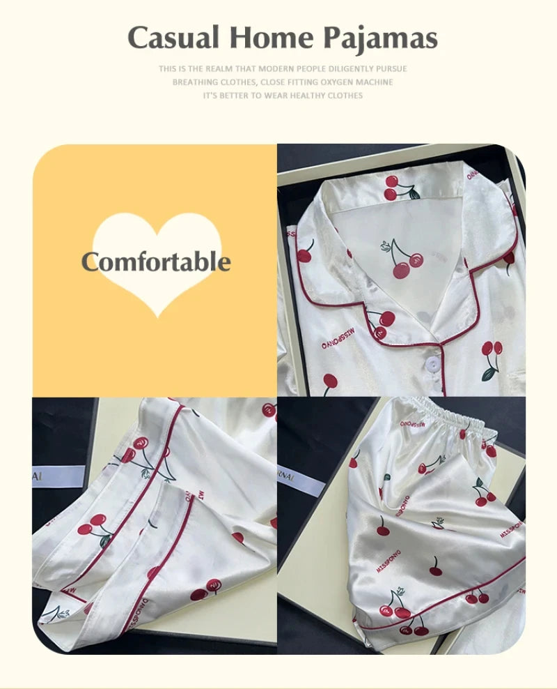 2 Pieces Print Sleepwear Faux Silk Satin Nightwear