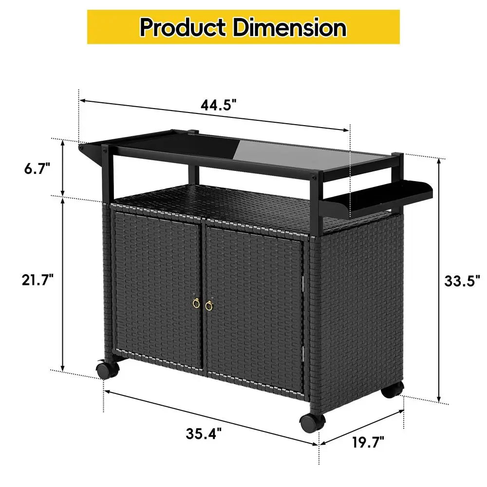 Outdoor Bar Cart With Tempered Glass Top And Storage On Wheels