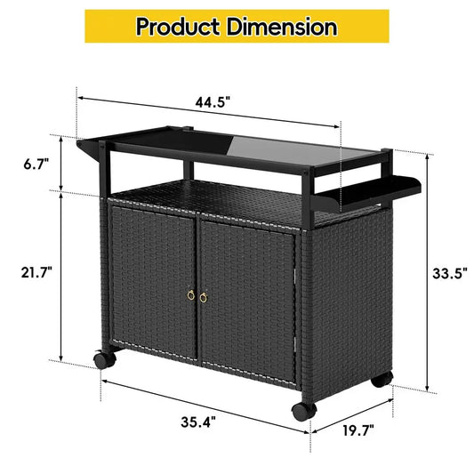 Outdoor Bar Cart With Tempered Glass Top And Storage On Wheels