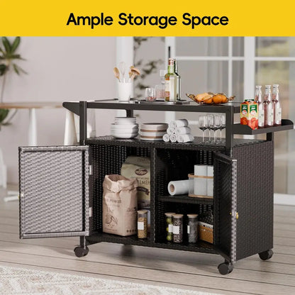 Outdoor Bar Cart With Tempered Glass Top And Storage On Wheels