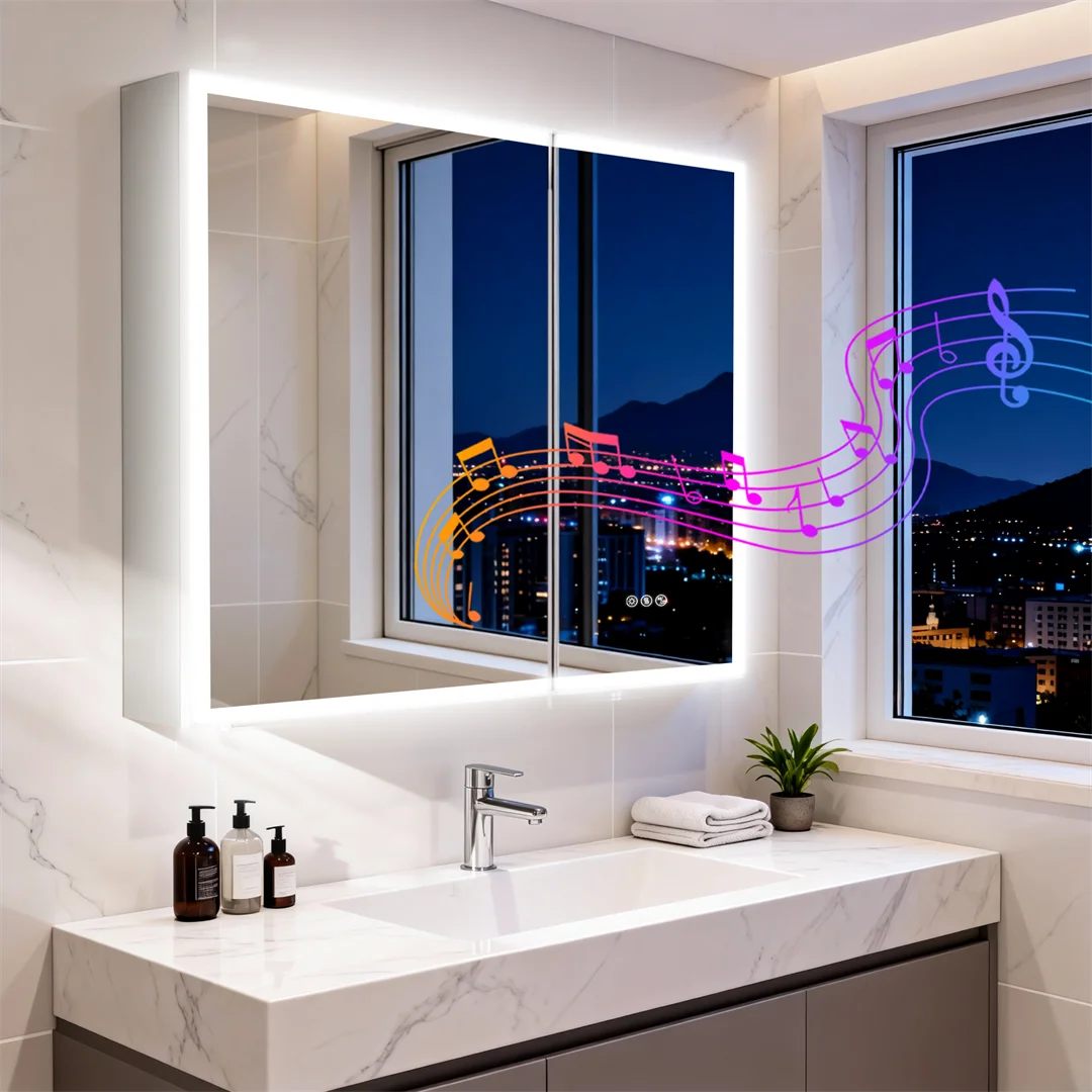 Double Door LED Bluetooth Bathroom Mirror Cabinet