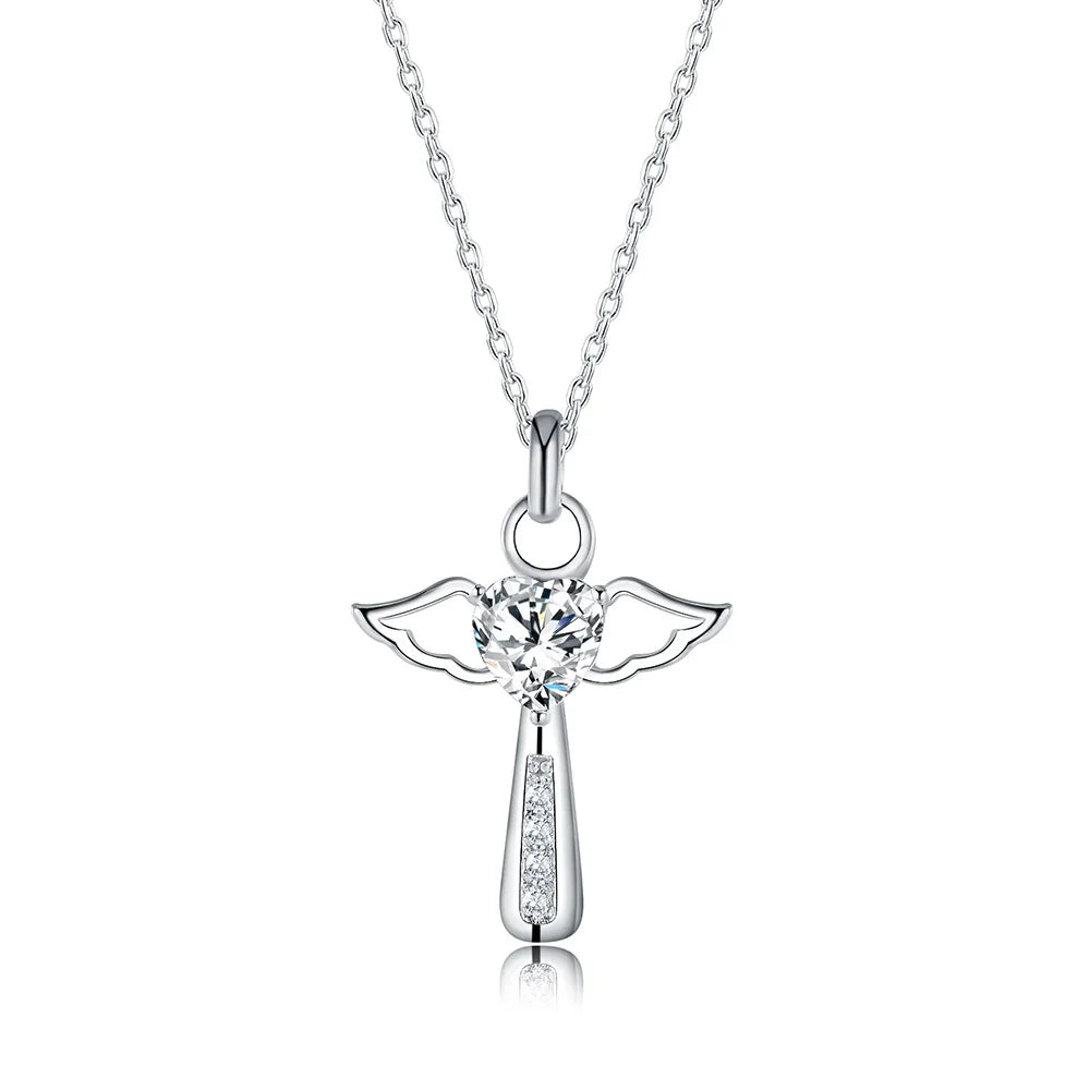 Fine 925 Sterling Silver Angel Crystal Cross Pendant Necklace
