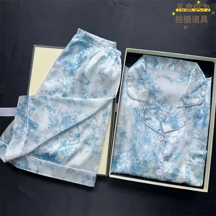 2 Pieces Print Sleepwear Faux Silk Satin Nightwear