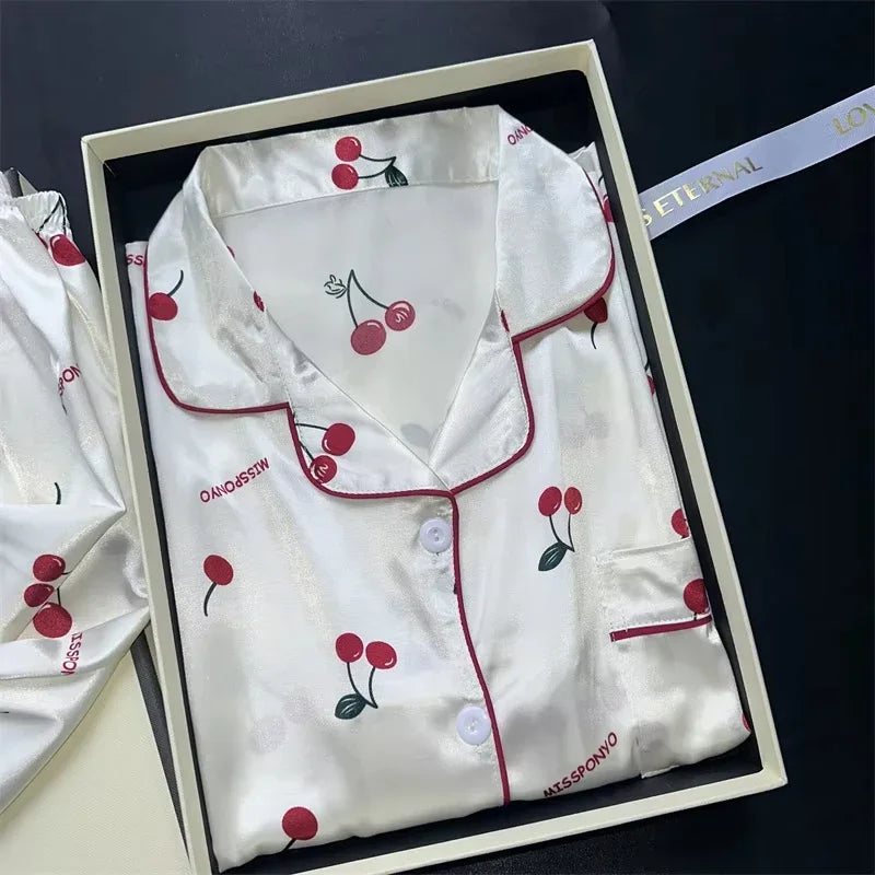 2 Pieces Print Sleepwear Faux Silk Satin Nightwear