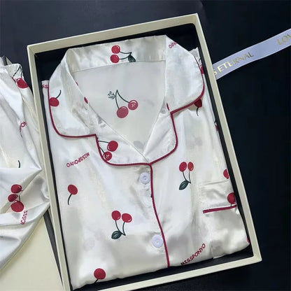 2 Pieces Print Sleepwear Faux Silk Satin Nightwear
