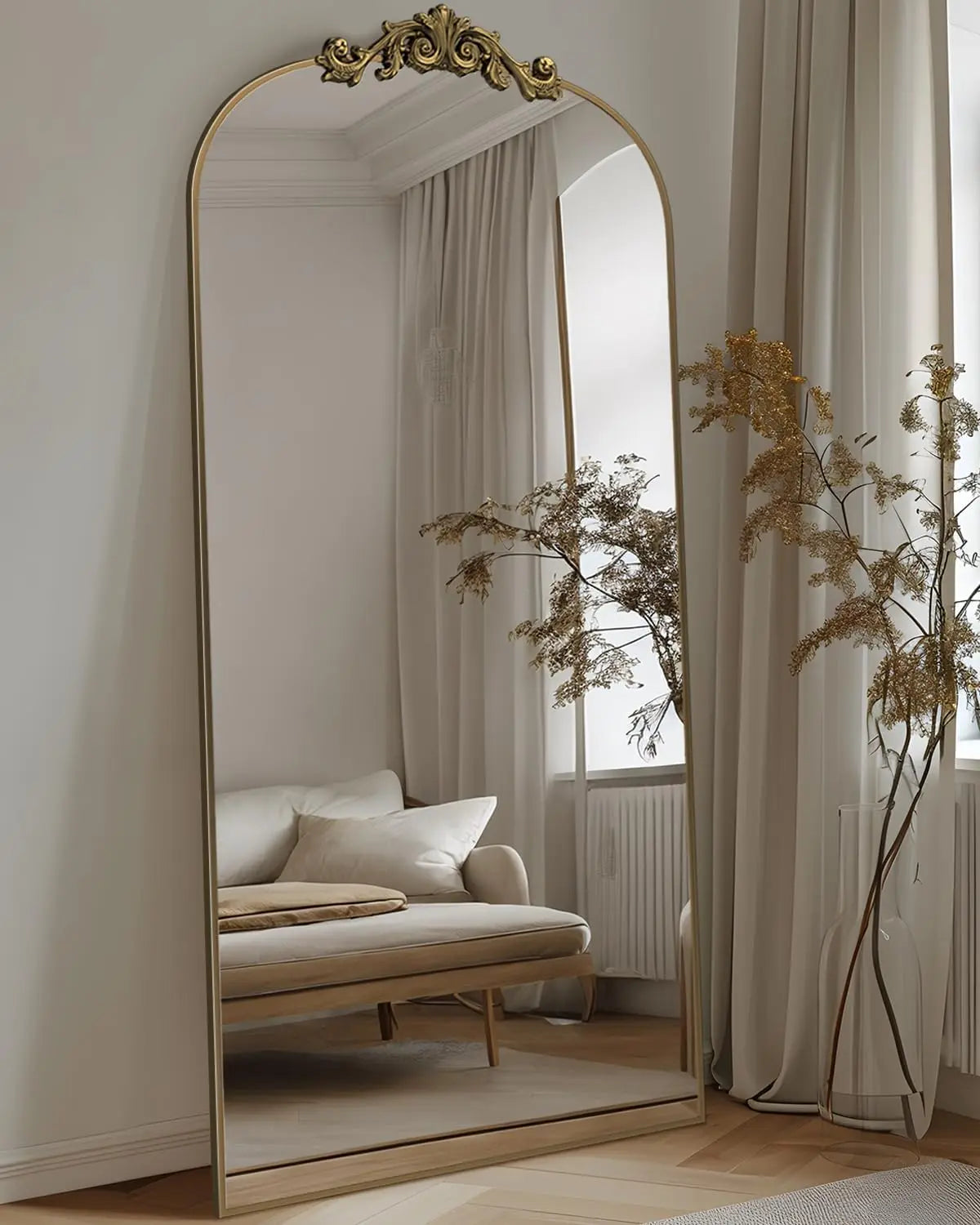Arched Full Length Mirror, 71x28 Floor Mirror with Carved Frame