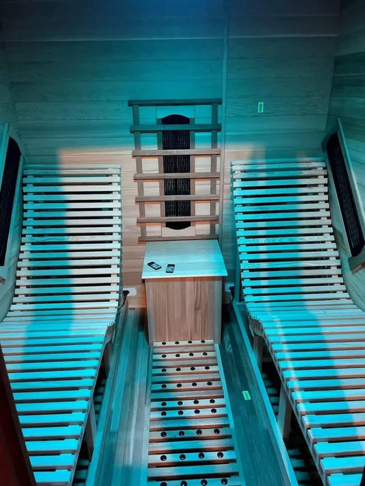 2 Person Wooden Sauna Room with Recliner, 10 Heating Panels, Oxygen Bar,  Infrared Therapy