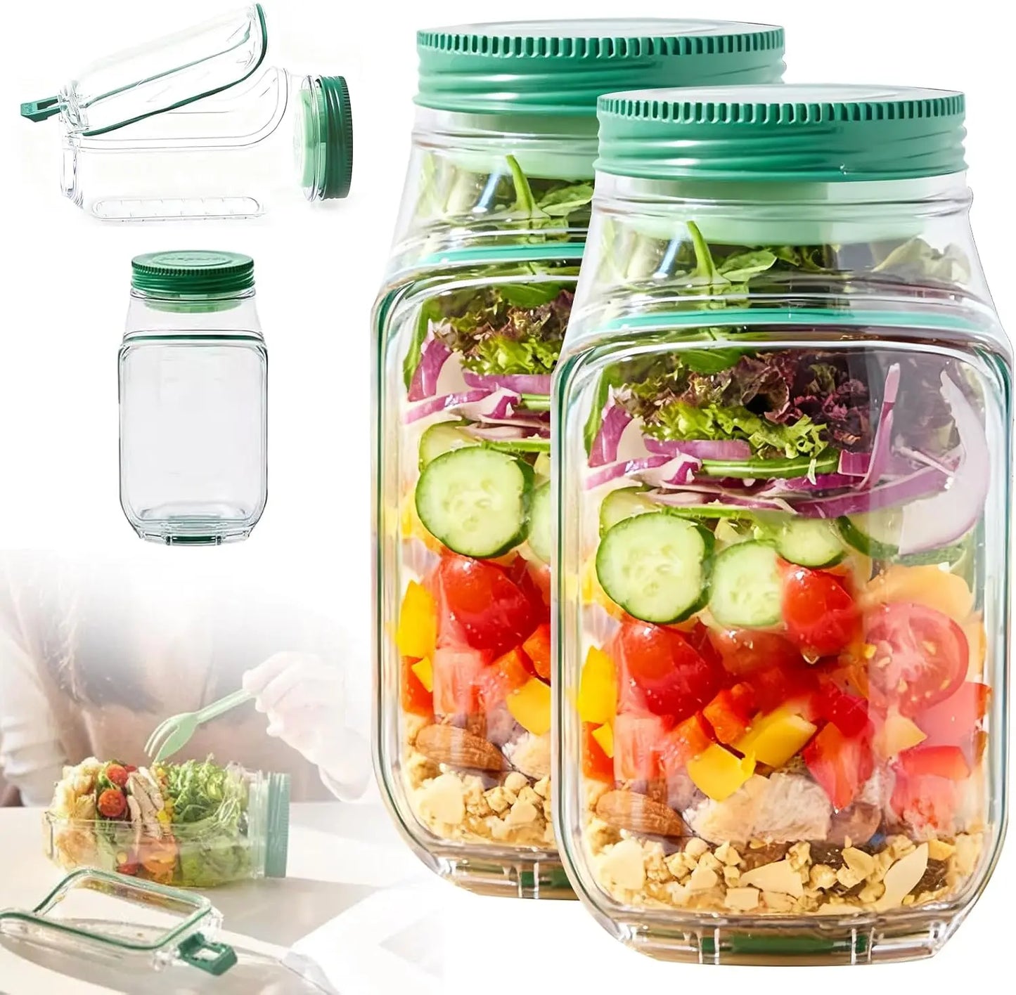 2-Pack 34oz Salad Jar Containers with Side Opening