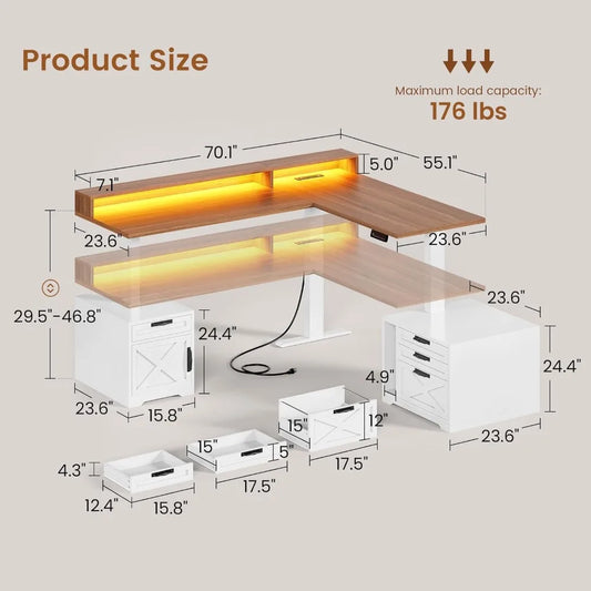 Adjustable Height Standing Desk With Drawers, Power Outlet & LED Lights