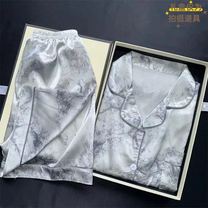 2 Pieces Print Sleepwear Faux Silk Satin Nightwear