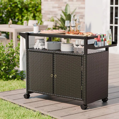 Outdoor Bar Cart With Tempered Glass Top And Storage On Wheels
