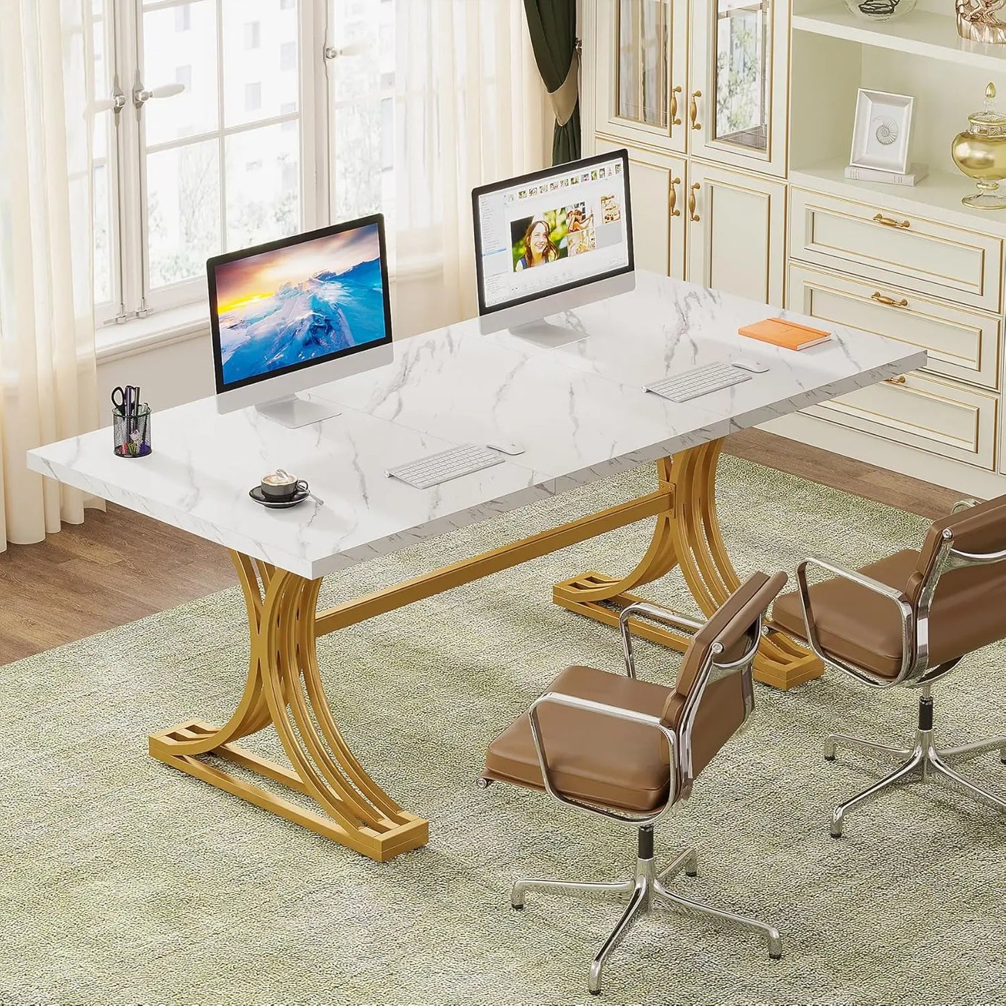Modern Executive Desk with Stylish Gold Legs And Faux Marble Top