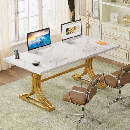 Modern Executive Desk with Stylish Gold Legs And Faux Marble Top