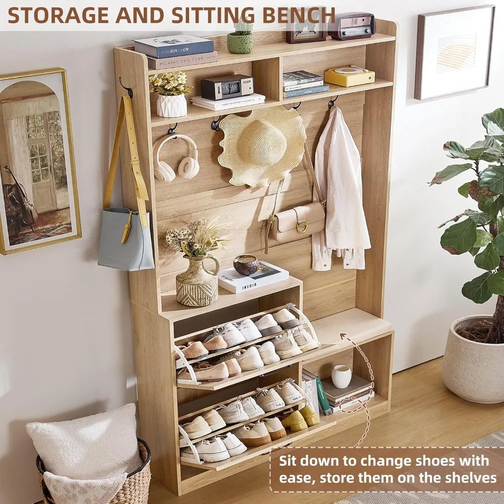 78 Tall Boho Hall Tree with Bench & Shoe Storage