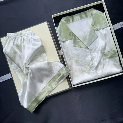 2 Pieces Print Sleepwear Faux Silk Satin Nightwear