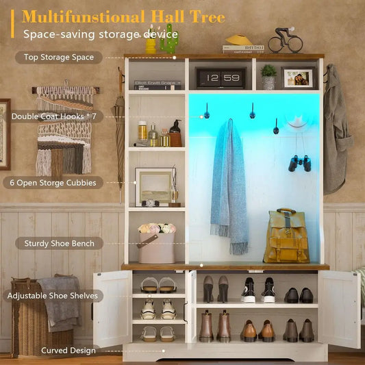 Entryway Bench and Shoe Storage, With Coat Racks and Led Lights