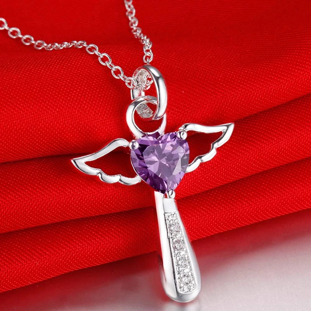 Fine 925 Sterling Silver Angel Crystal Cross Pendant Necklace