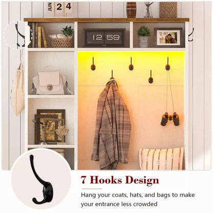 Entryway Bench and Shoe Storage, With Coat Racks and Led Lights
