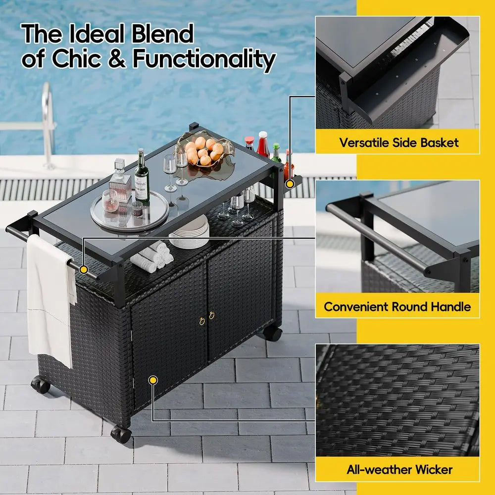 Outdoor Bar Cart With Tempered Glass Top And Storage On Wheels
