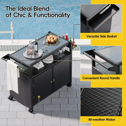 Outdoor Bar Cart With Tempered Glass Top And Storage On Wheels