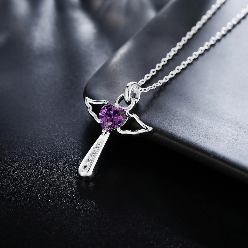 Fine 925 Sterling Silver Angel Crystal Cross Pendant Necklace